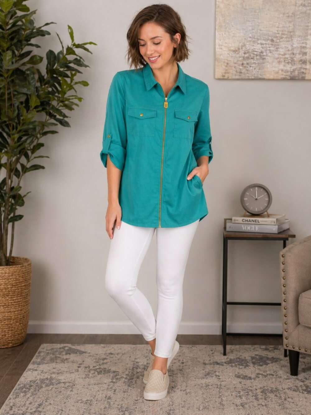 MICHAEL KORS TEAL ZIP-UP BLOUSE SNAP BUTTON TAB SLEEVES women SIZE L.